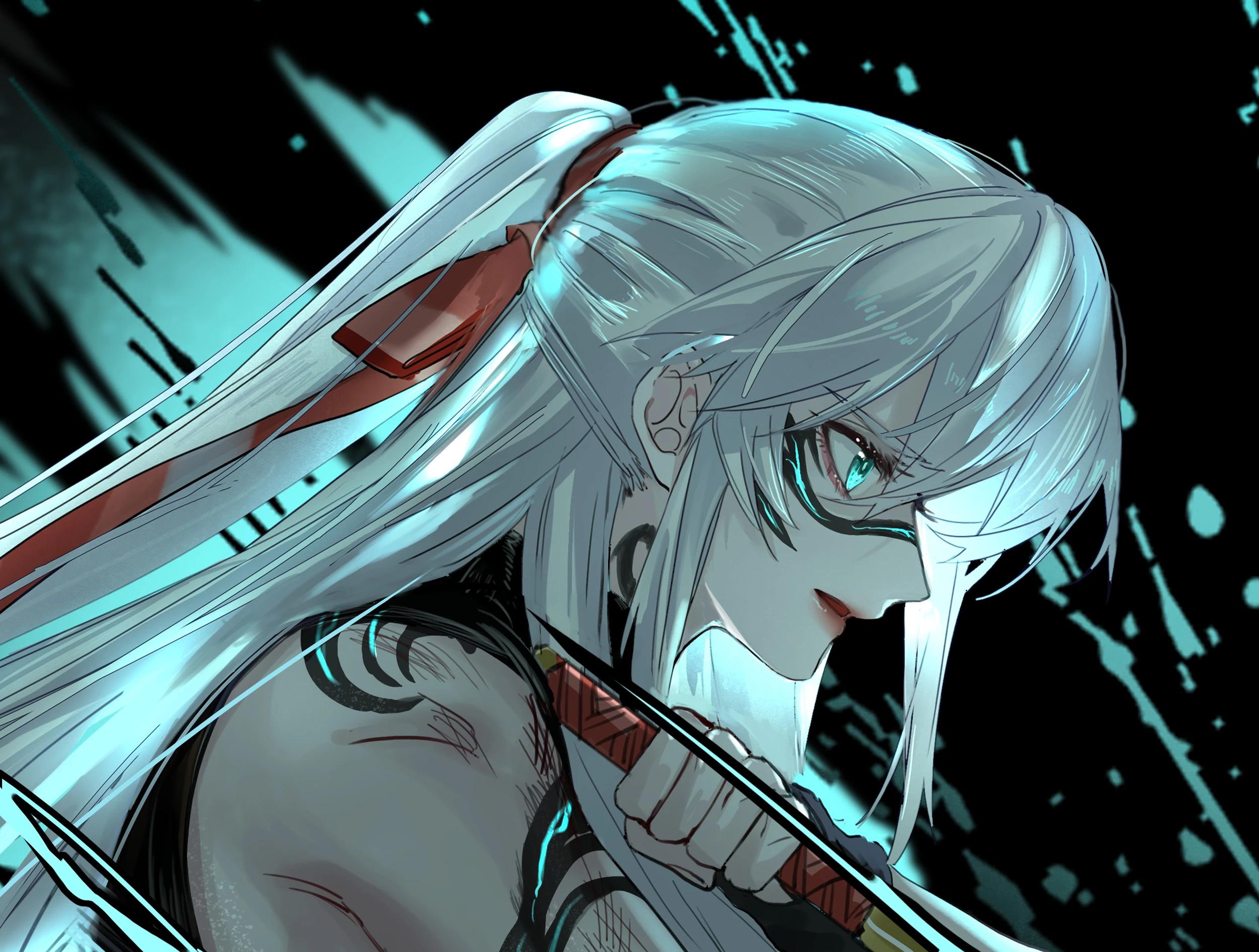 Shijie in profile, sword drawn, in blue light