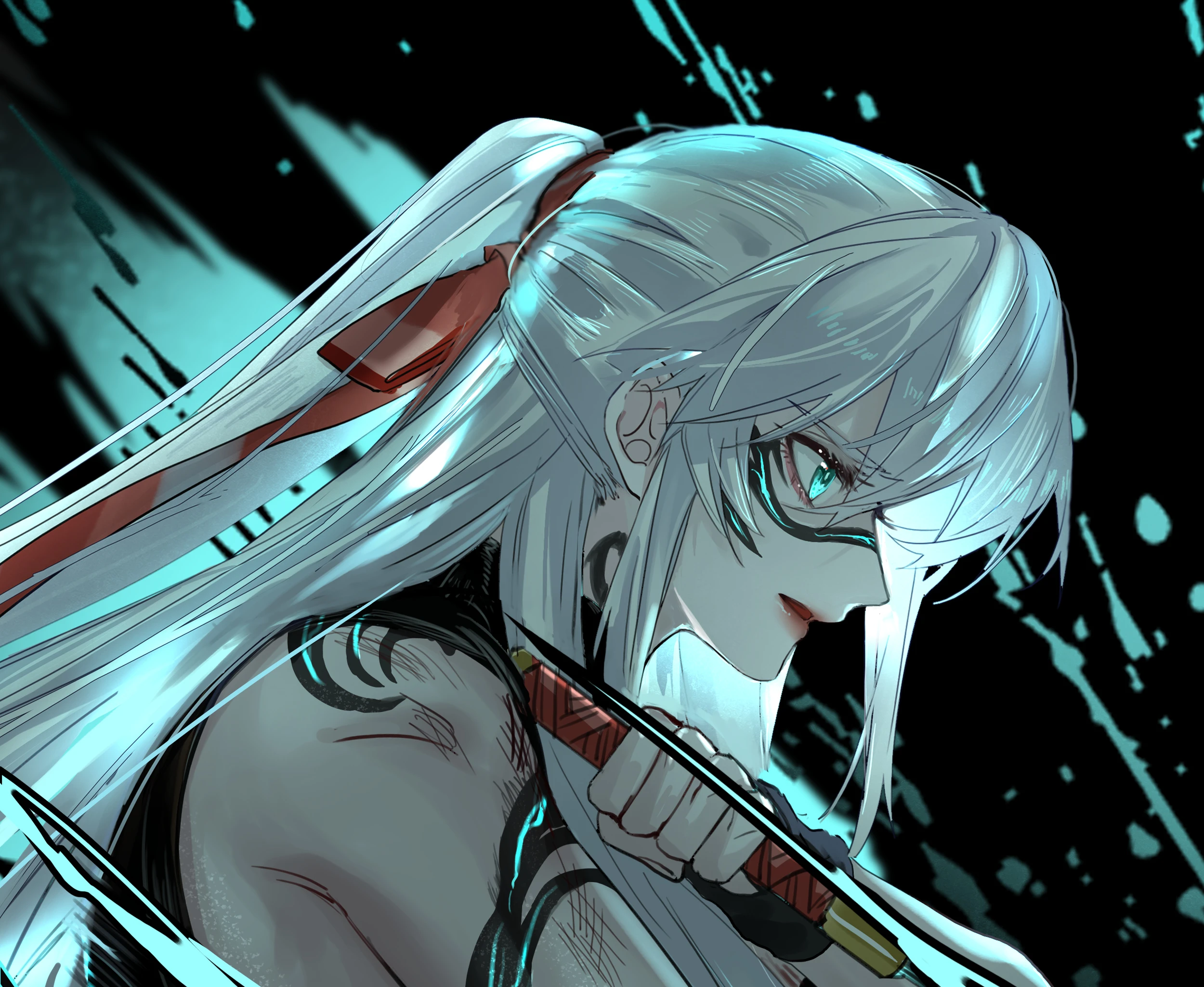 Shijie in profile, sword drawn, in blue light
