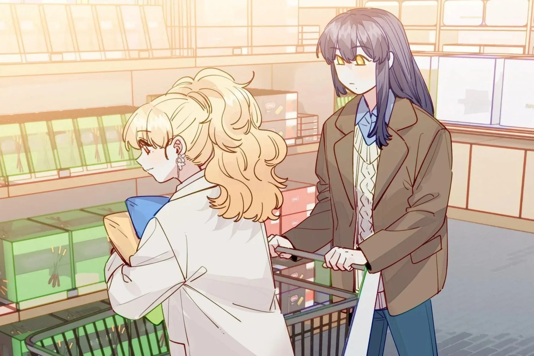 Lele carries the shopping while Xiang Lan pushes the cart