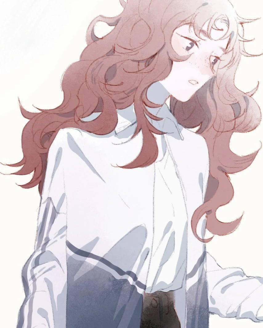 Tang Guan in a white school shirt, red curls loose