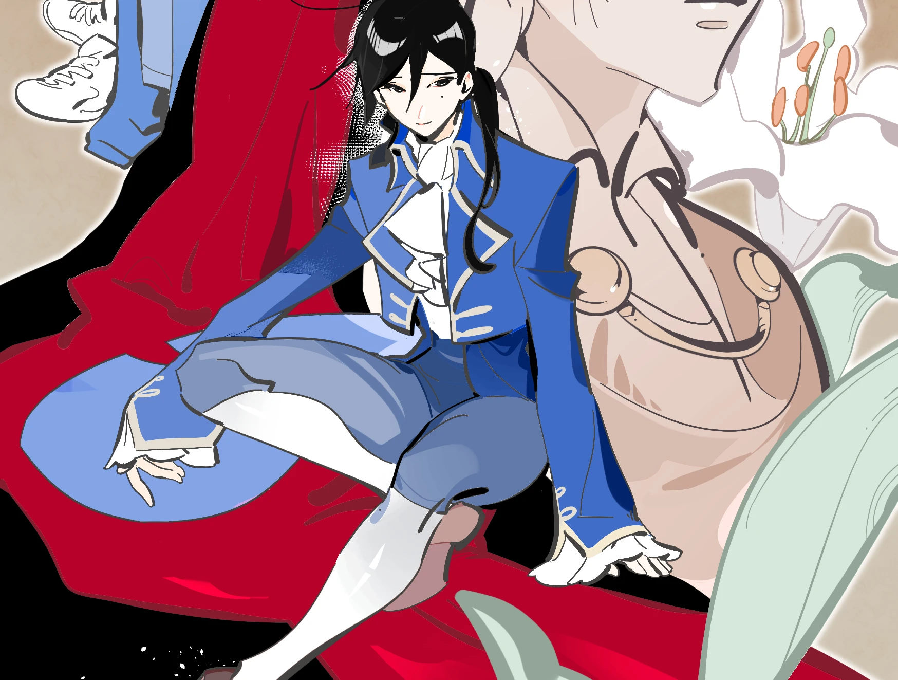 A figure in a blue coat and red cloak