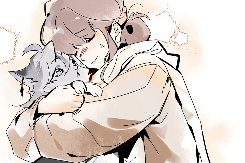 I'm… A Cat?: Qiang-yi hugs A-Wu, now a grey cat, one green eye peeking out