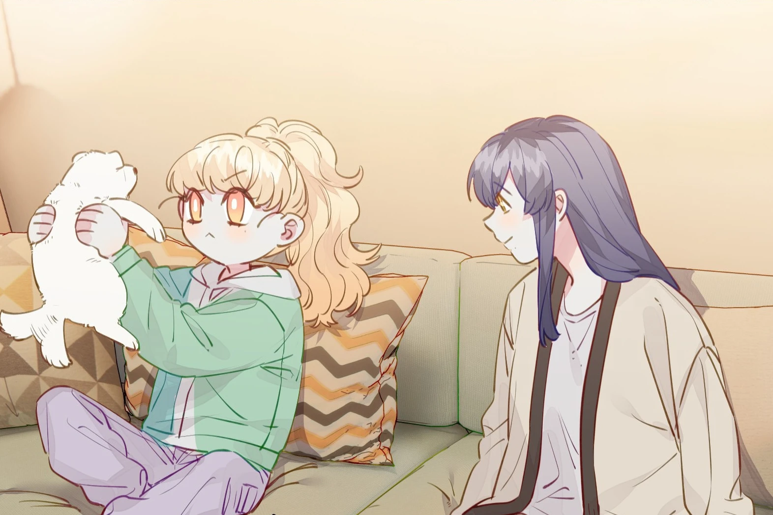 Lele lifts a puppy on the sofa while Xiang Lan watches