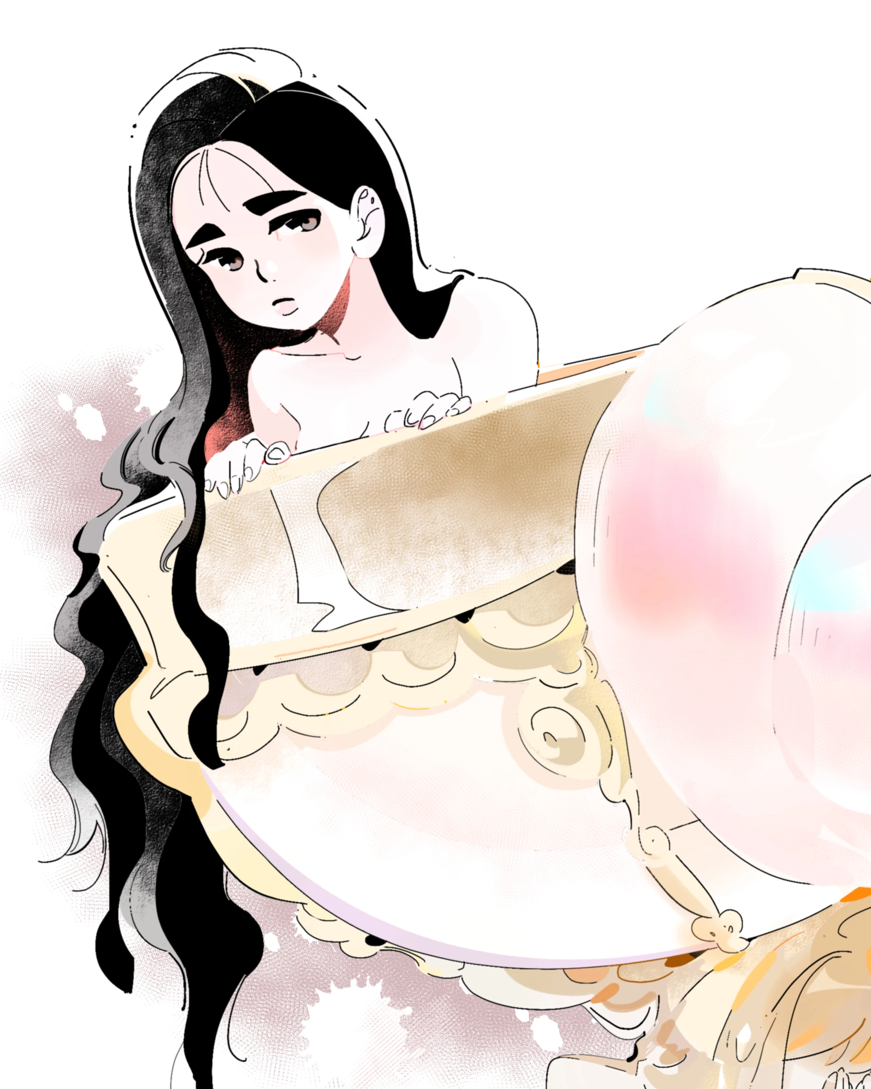 Lu Shiyin with long black hair leaning on a pale shell, Remaking of the Unforgotten Love