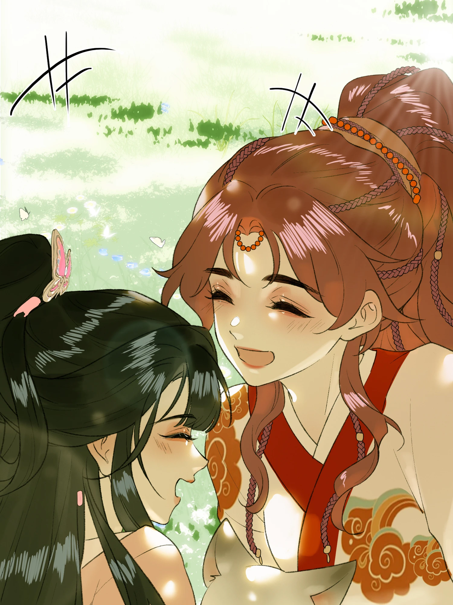Mu Yunzhao and Shen Qingshuang laughing, cheek to cheek