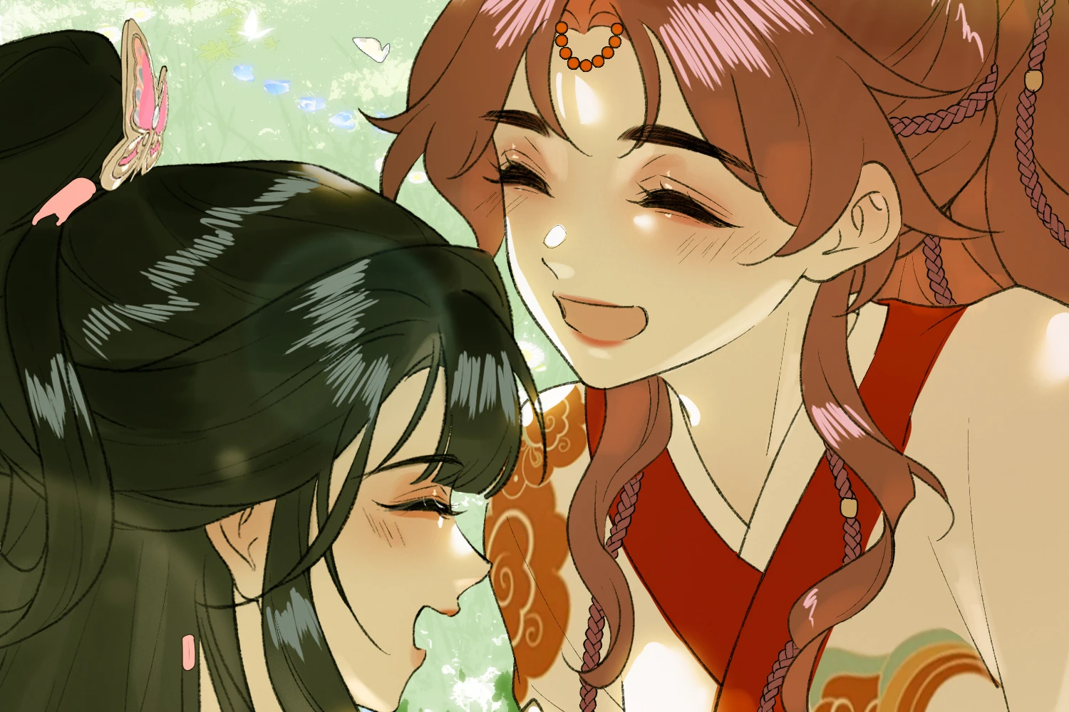 Mu Yunzhao laughs, her forehead close to Shen Qingshuang’s