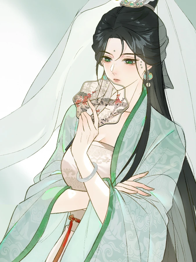 Shen Qingshuang in pale green, holding a round fan