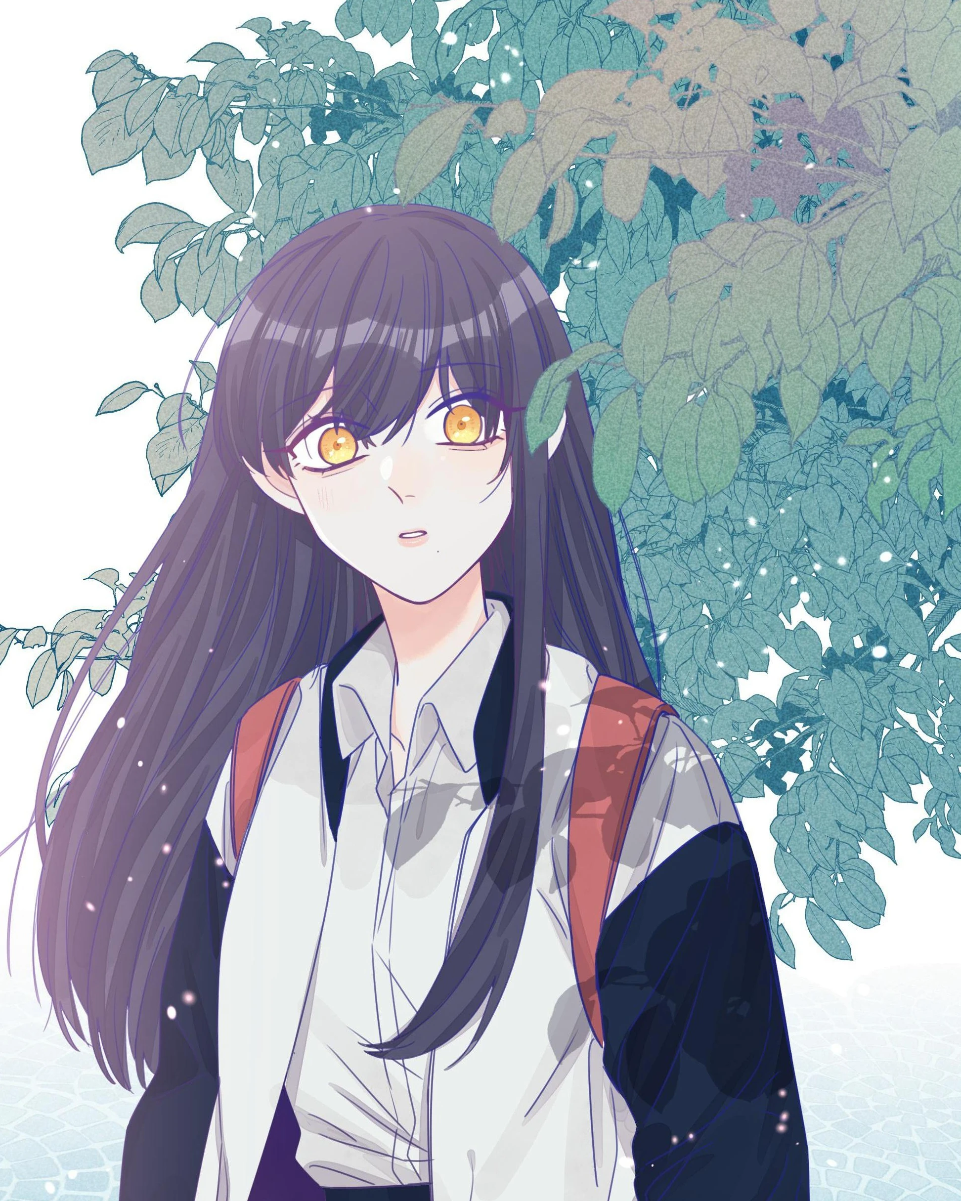 Straight Girl Trap, official art: a student with a backpack stands under a leafy tree