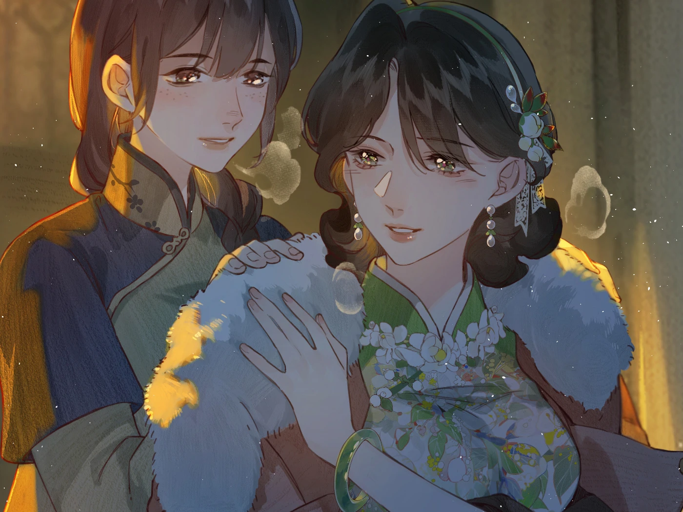 Clandestine Affair: two women stand close in warm lamplight