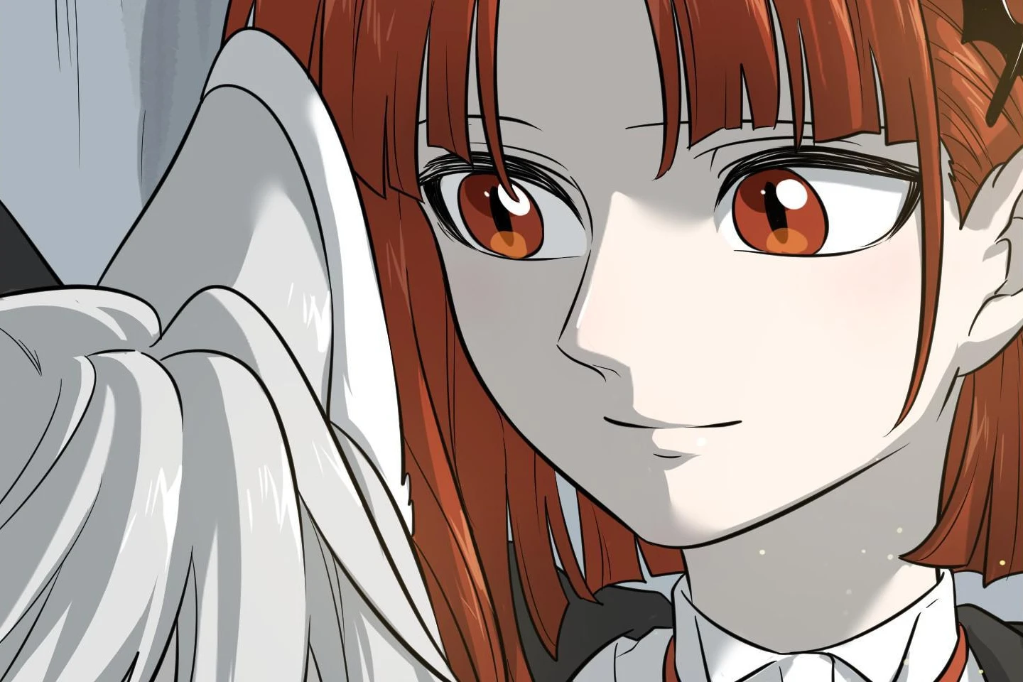 Maria smiles, close up, Xing Lan’s white hair at the edge