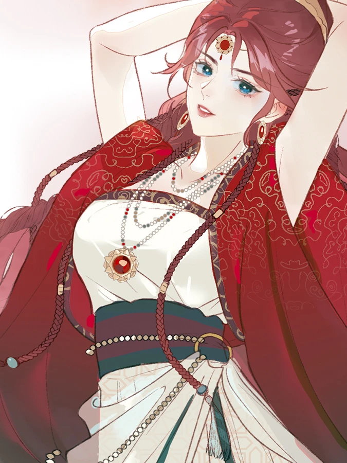 Mu Yunzhao in red, one arm raised over her head