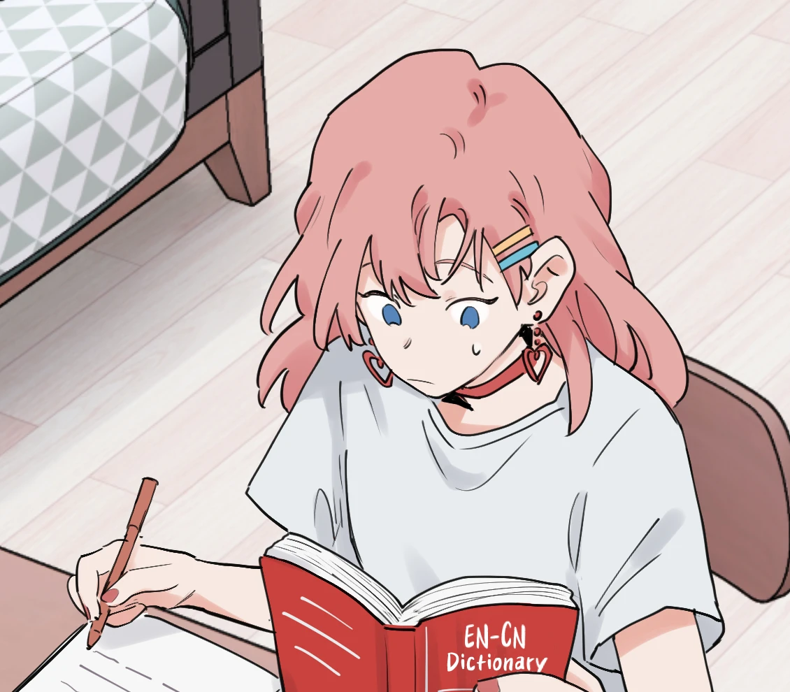 Tongtong studying at home with an English dictionary