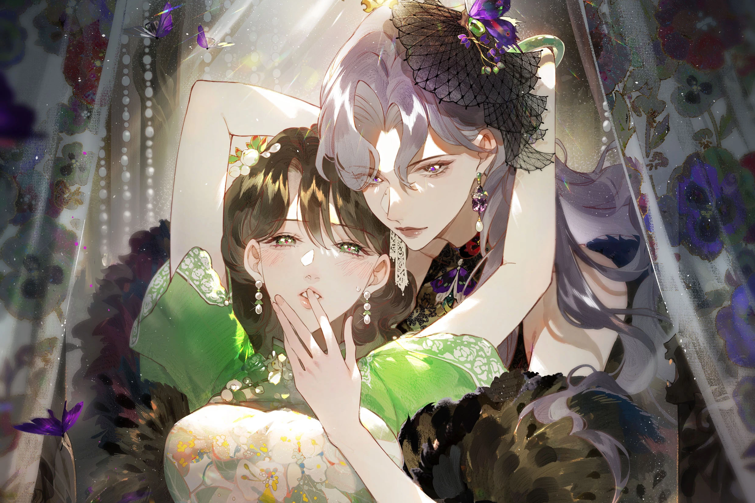 Clandestine Affair cover art: Papillon holds Bai Yuetao from behind among butterflies and flowers