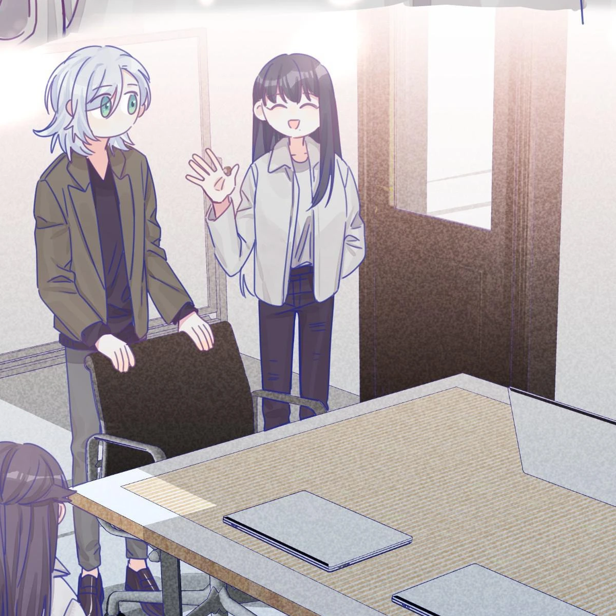 Straight Girl Trap, official art: the two leads meet in a meeting room at the office