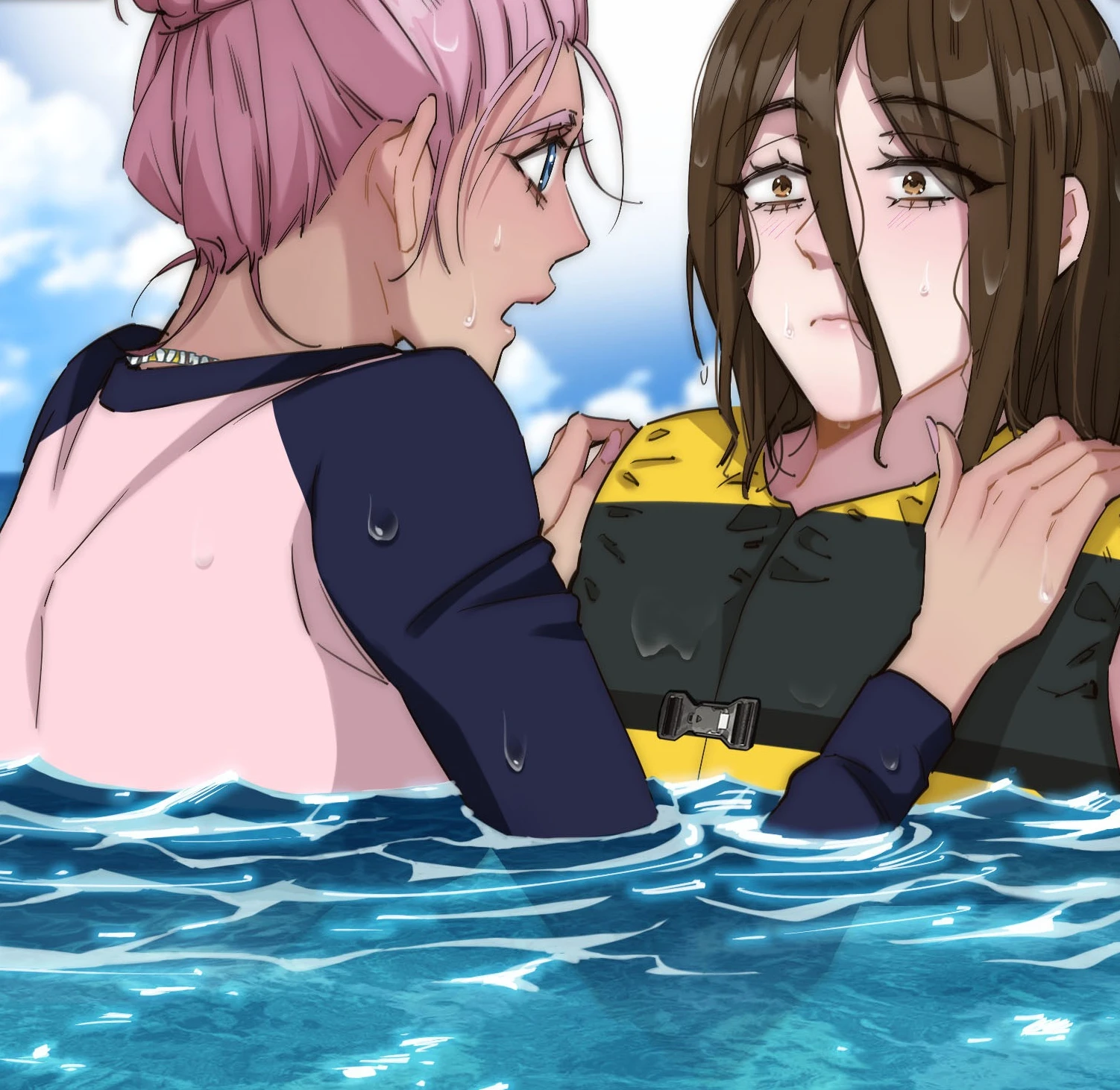 Ari holds the heroine, in a life jacket, in the sea