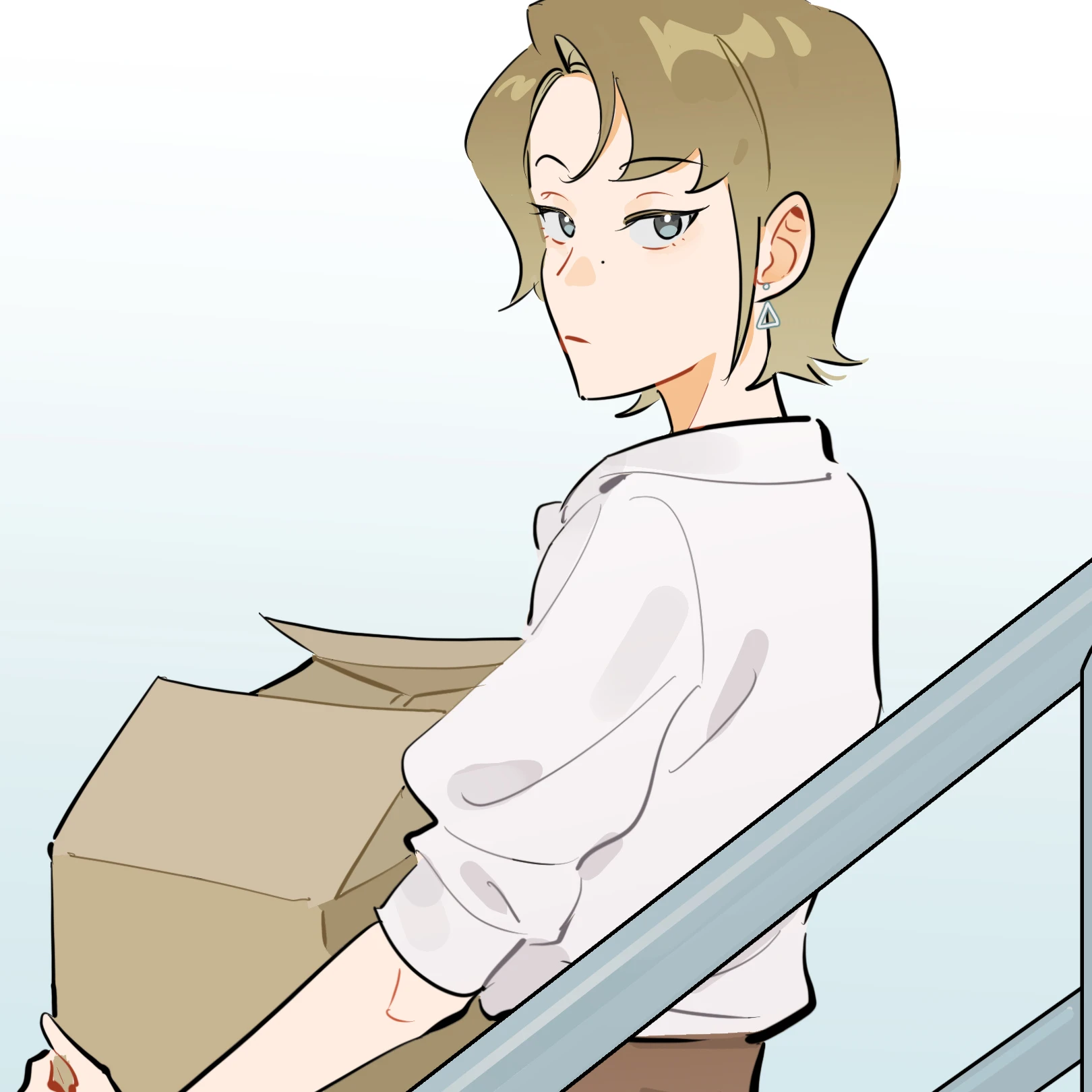 Submission Time! Yes or Yes?: Ren Qinghe carries a moving box up the stairs and looks back