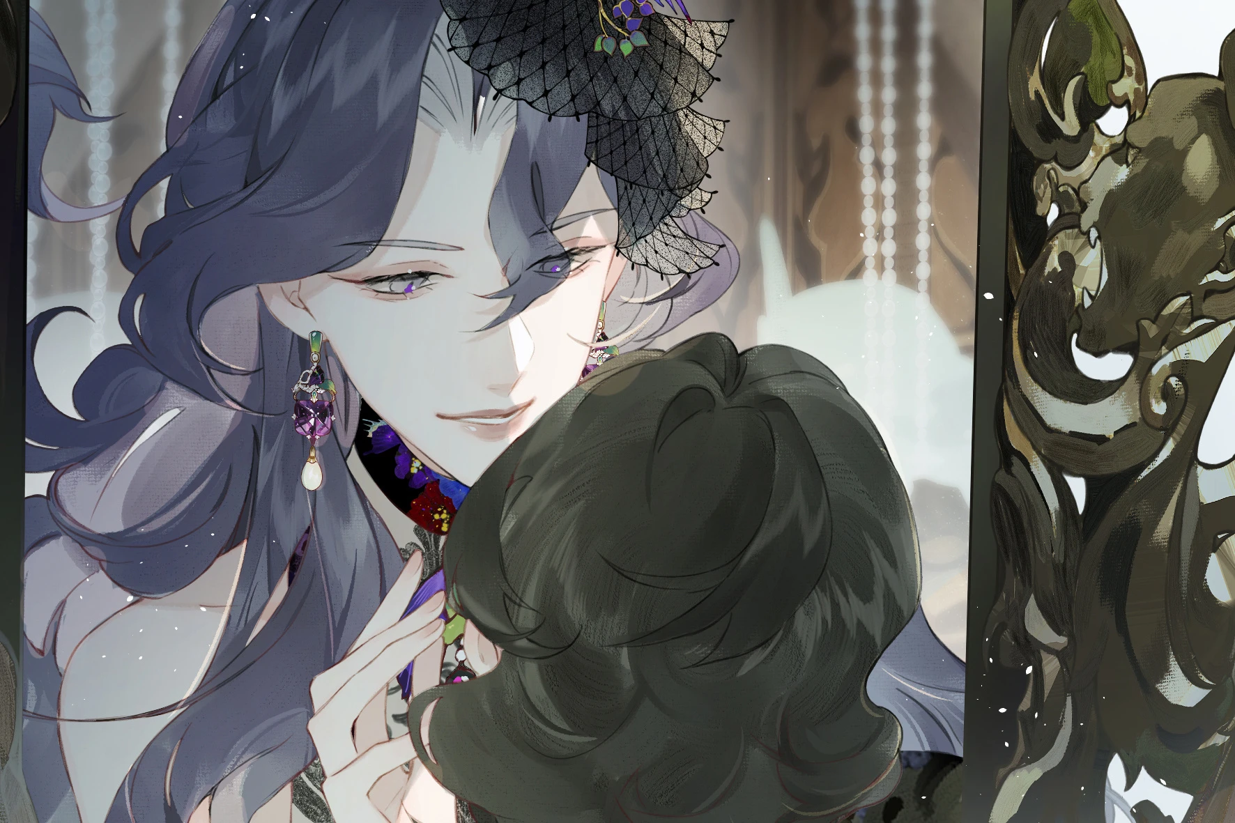 Clandestine Affair: papillon leans close behind Bai Yuetao inside a carved mirror frame
