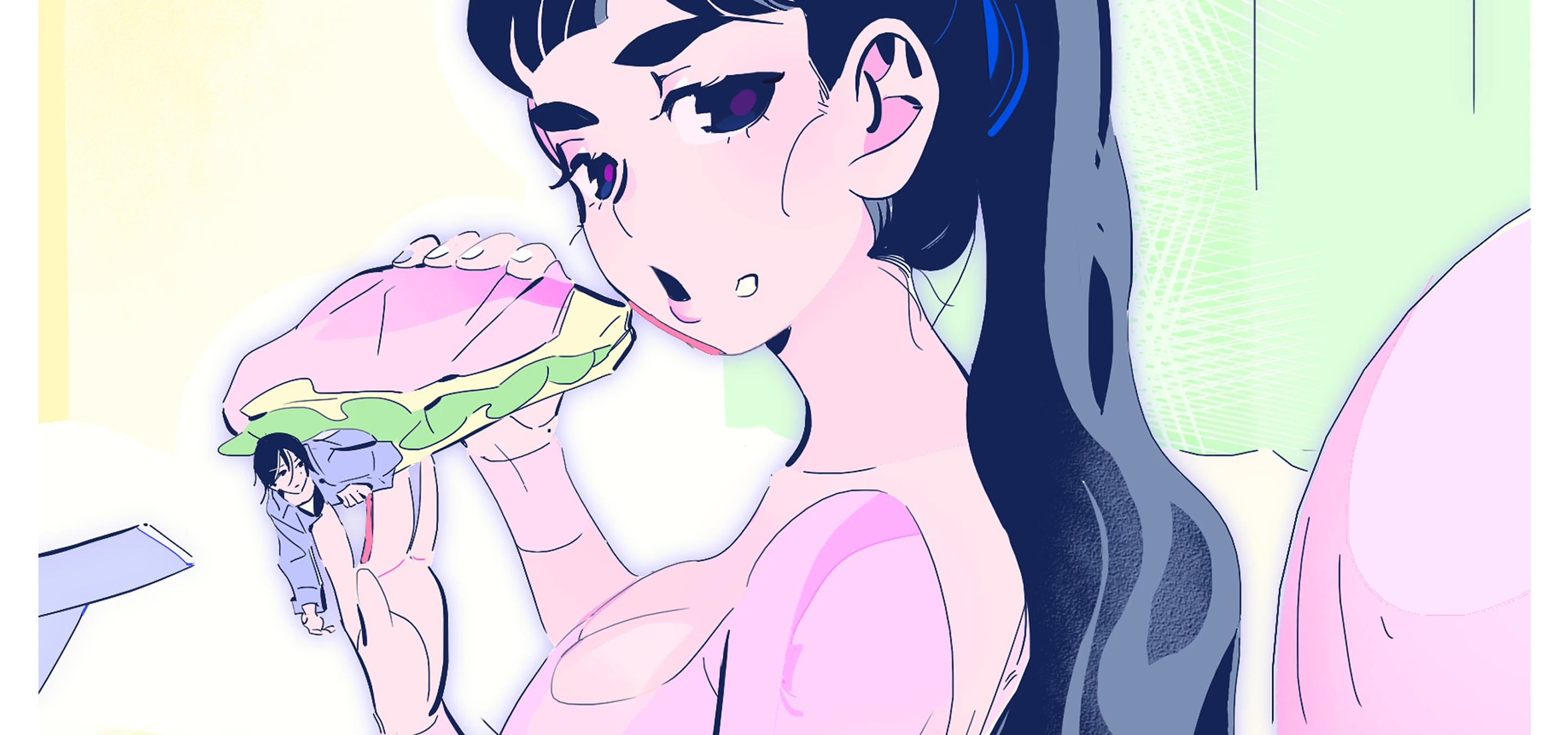 Lu Shiyin eats a sandwich with a tiny Li Han in her hand, Remaking of the Unforgotten Love chapter cover