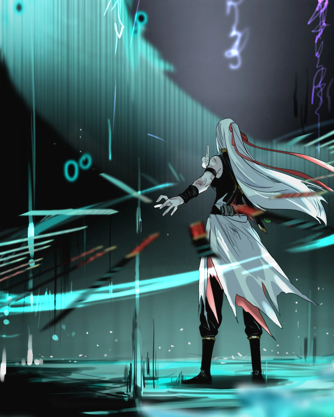 Ji Linxue, arms spread, inside rings of cyan light