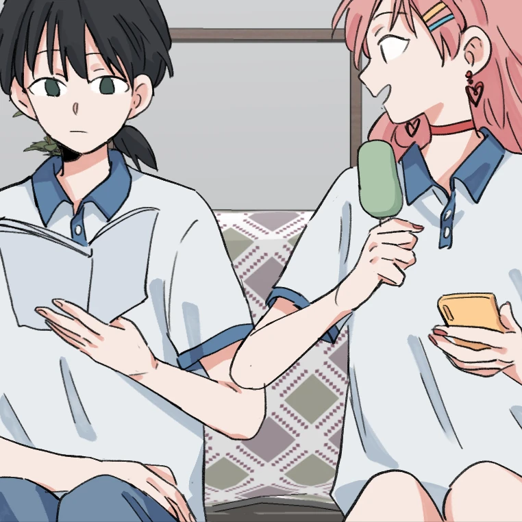 I Got Blackmailed by the Green Tea Bitch in Class: Lin Luxi reads on the sofa while Tongtong eats an ice lolly beside her