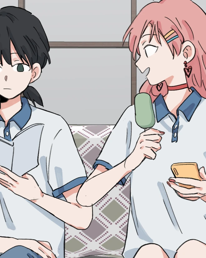 Tongtong and Lin Luxi in summer uniforms on a sofa