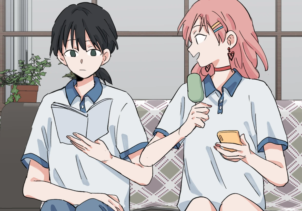 Lin Luxi reading beside Tongtong on a sofa, Tongtong with an ice lolly