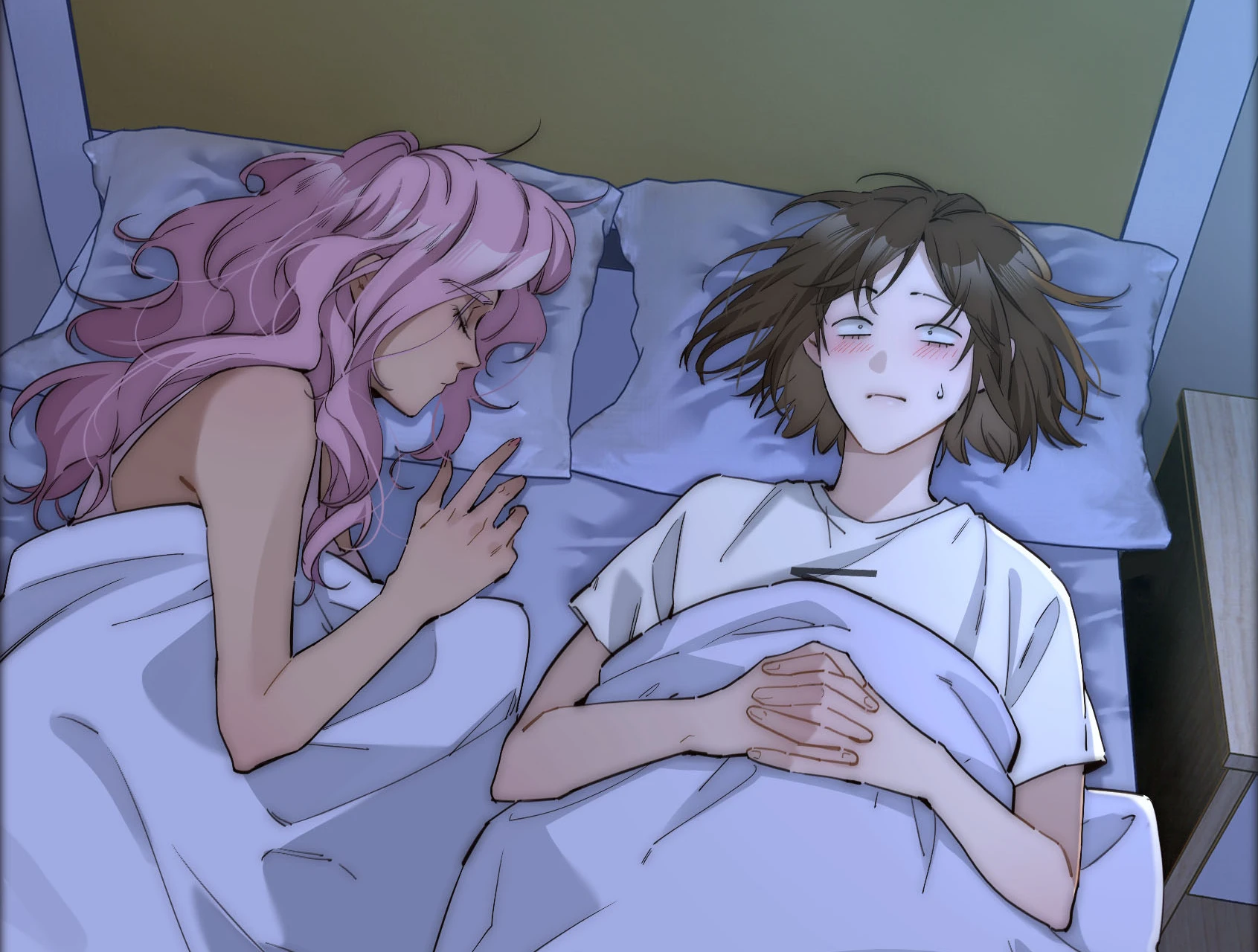 Ari and the narrator asleep side by side in bed