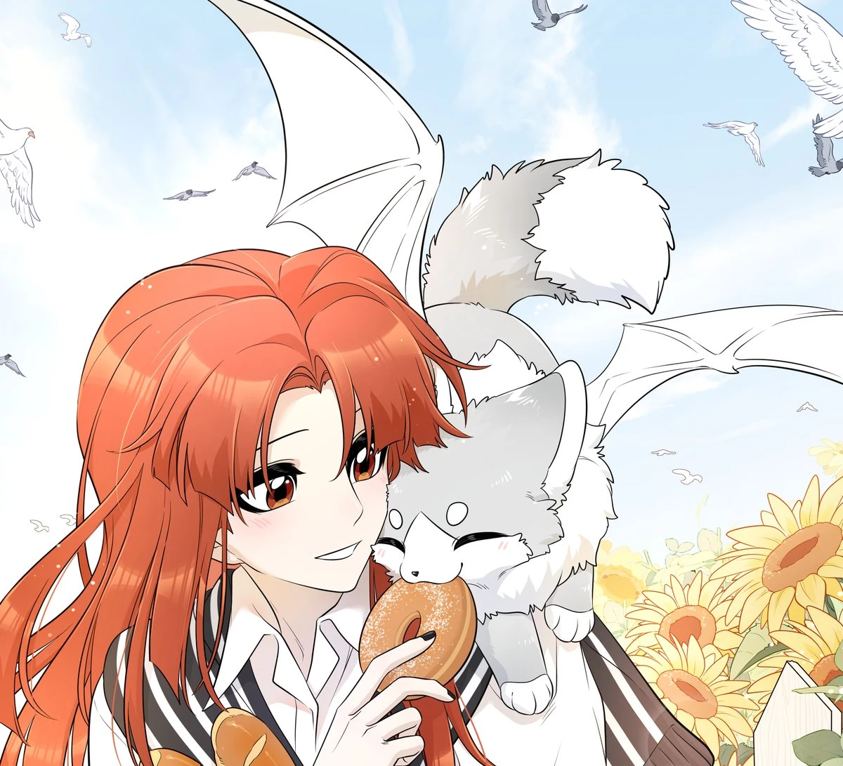 Maria shares bread with Xing Lan, a small wolf on her shoulder, among sunflowers, official art of My Food Looks Very Cute