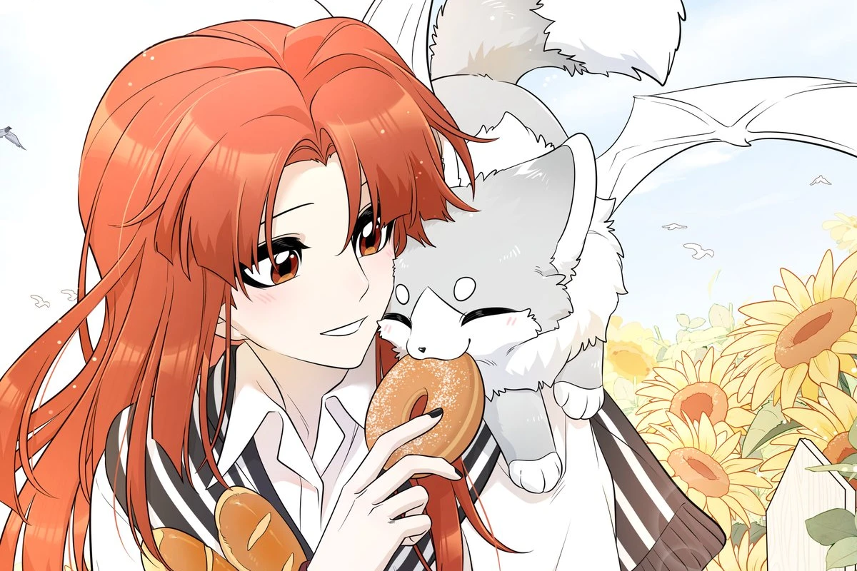 Maria shares a doughnut with Xing Lan in wolf form among sunflowers