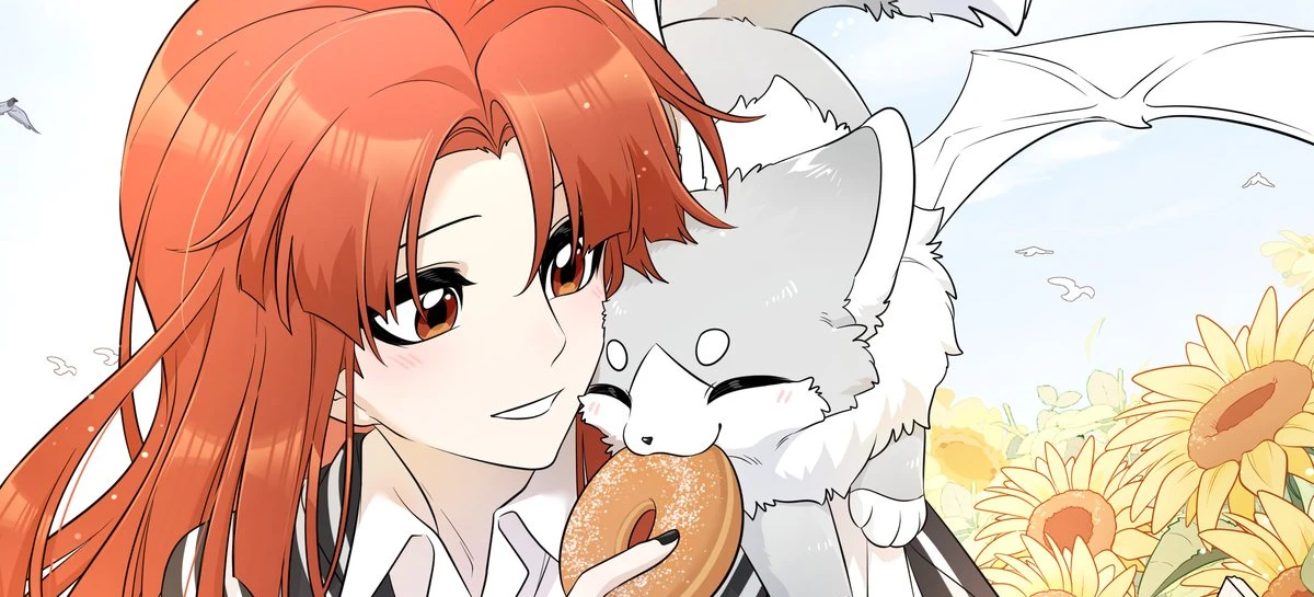 My Food Looks Very Cute: Maria smiles with wolf-form Xing Lan on her shoulder among sunflowers
