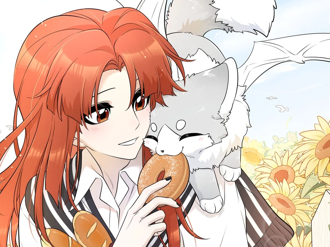 My Food Looks Very Cute: Maria shares a doughnut with Xing Lan in wolf form among sunflowers