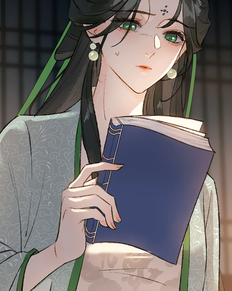 Jade Seduction: a woman in green robes holds a blue book to her chest