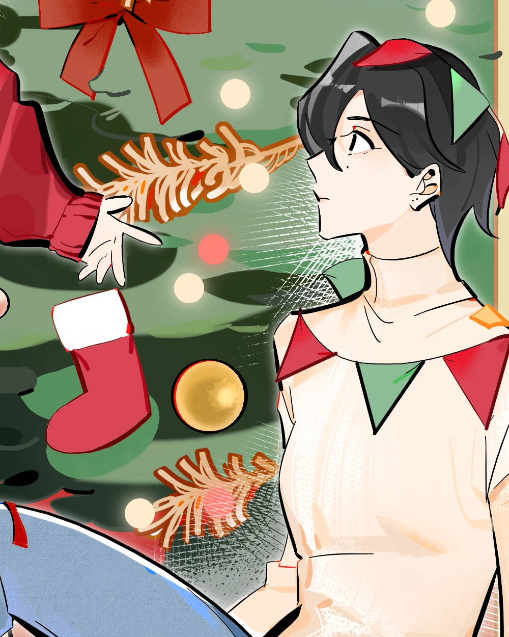 Li Han in a cream sweater and jeans by a Christmas tree, Remaking of the Unforgotten Love chapter cover