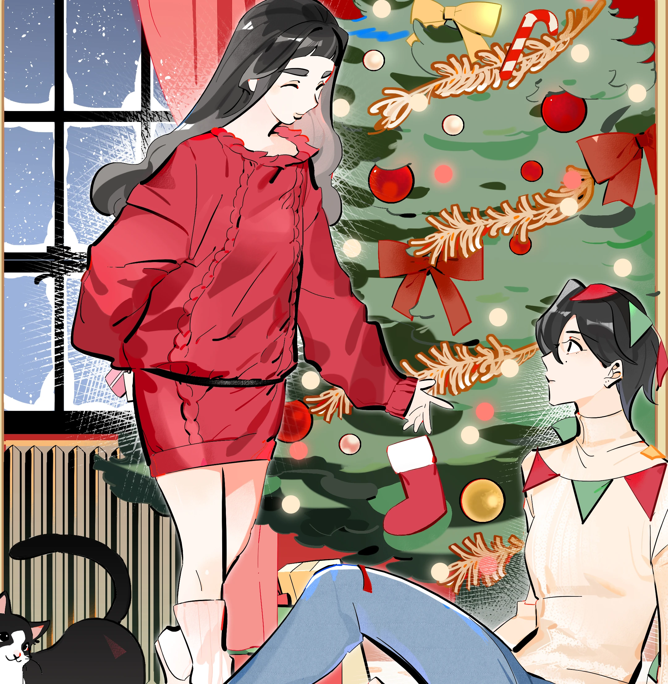 Shiyin and Li Han by the Christmas tree, a cat at their feet