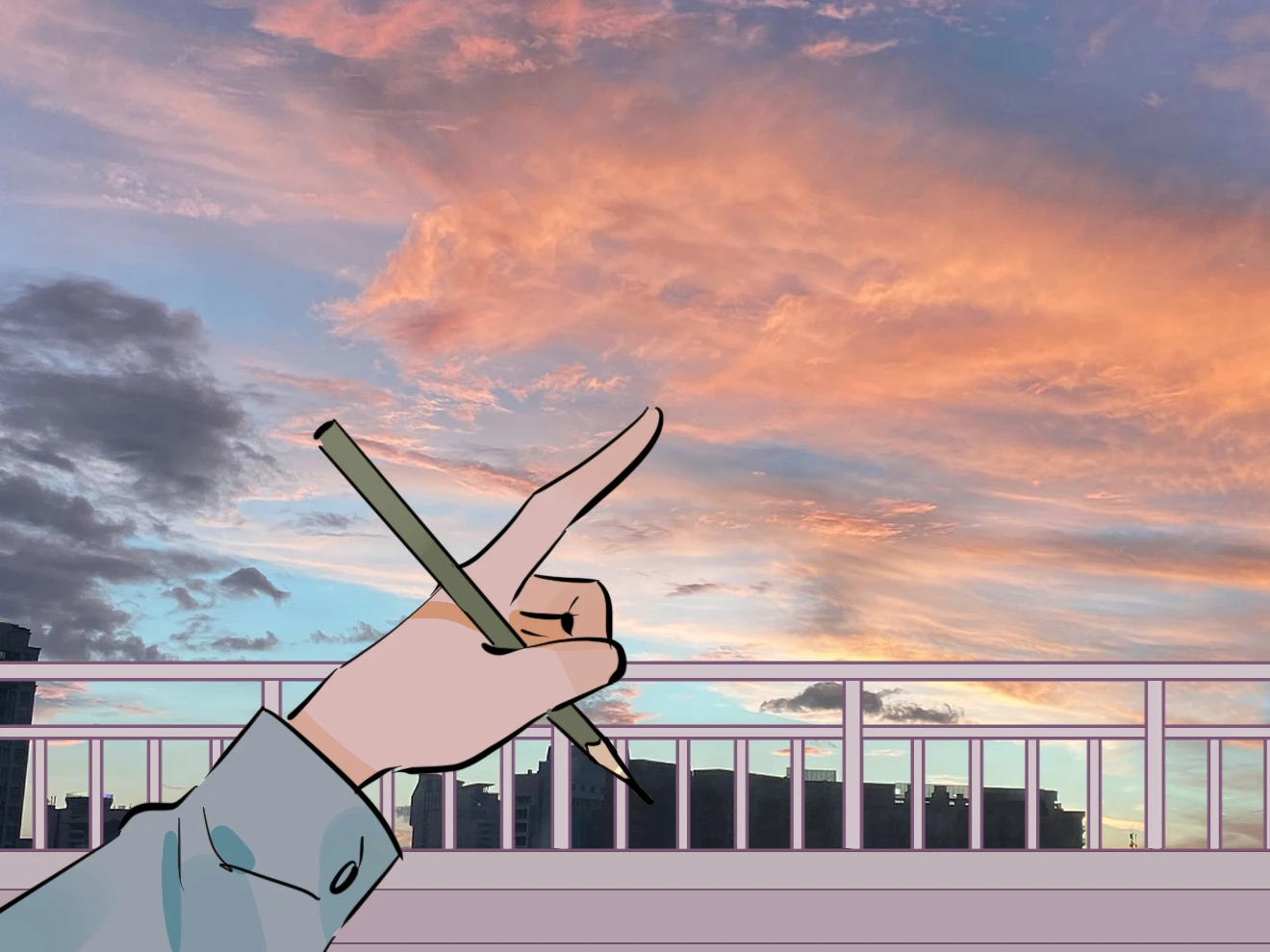 Submission Time! Yes or Yes?: a hand raises a paintbrush against an evening sky