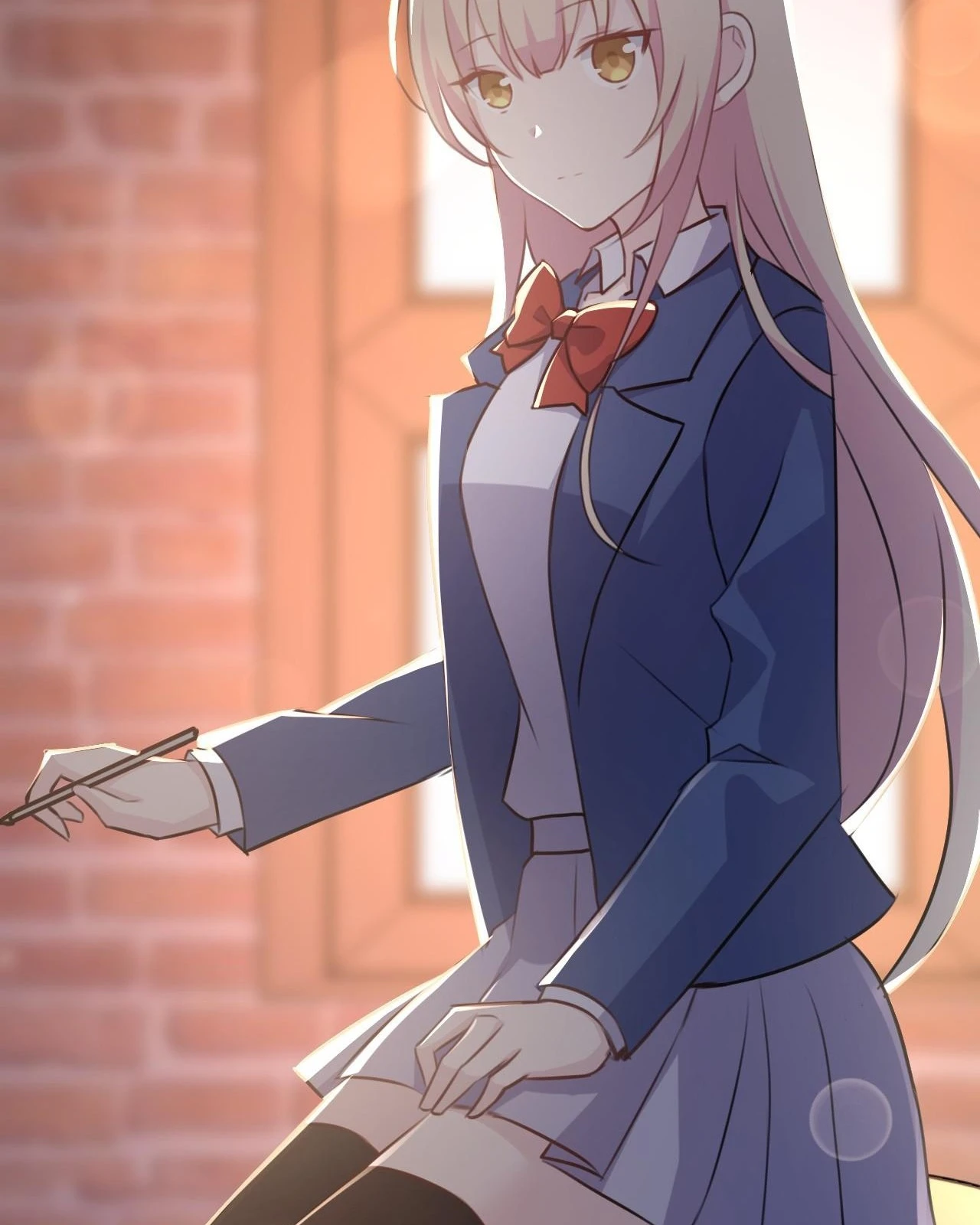 Seeing Xinghuo Again: A girl in a school blazer sits by a brick wall, pen in hand