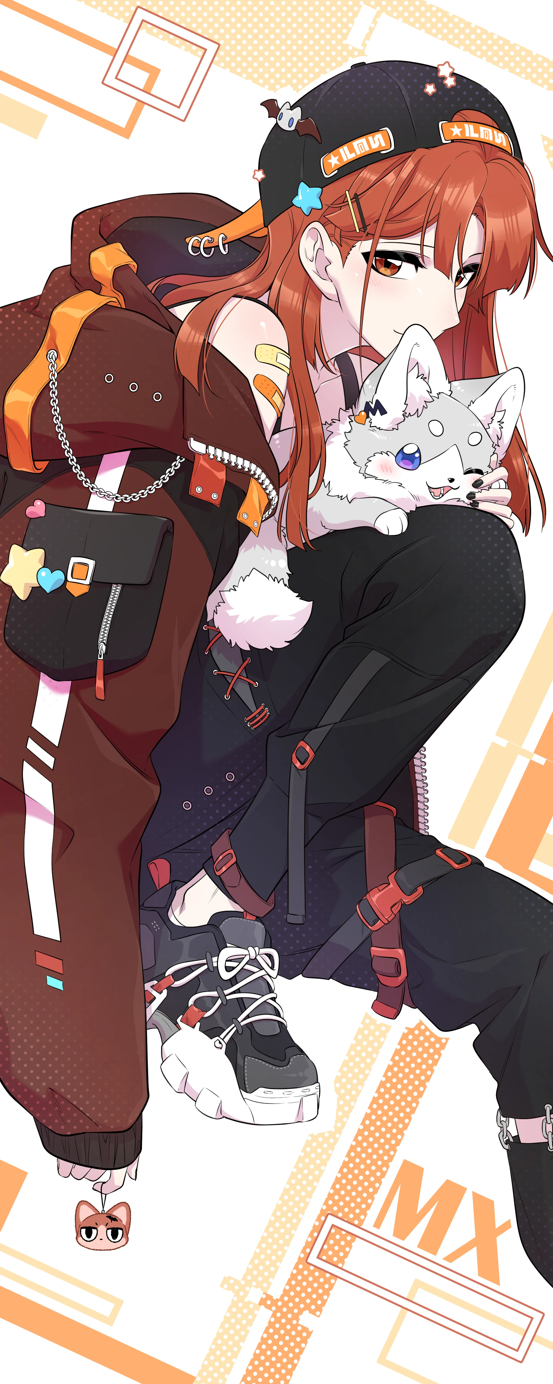 Maria in streetwear with a small white wolf on her shoulder, official art of My Food Looks Very Cute