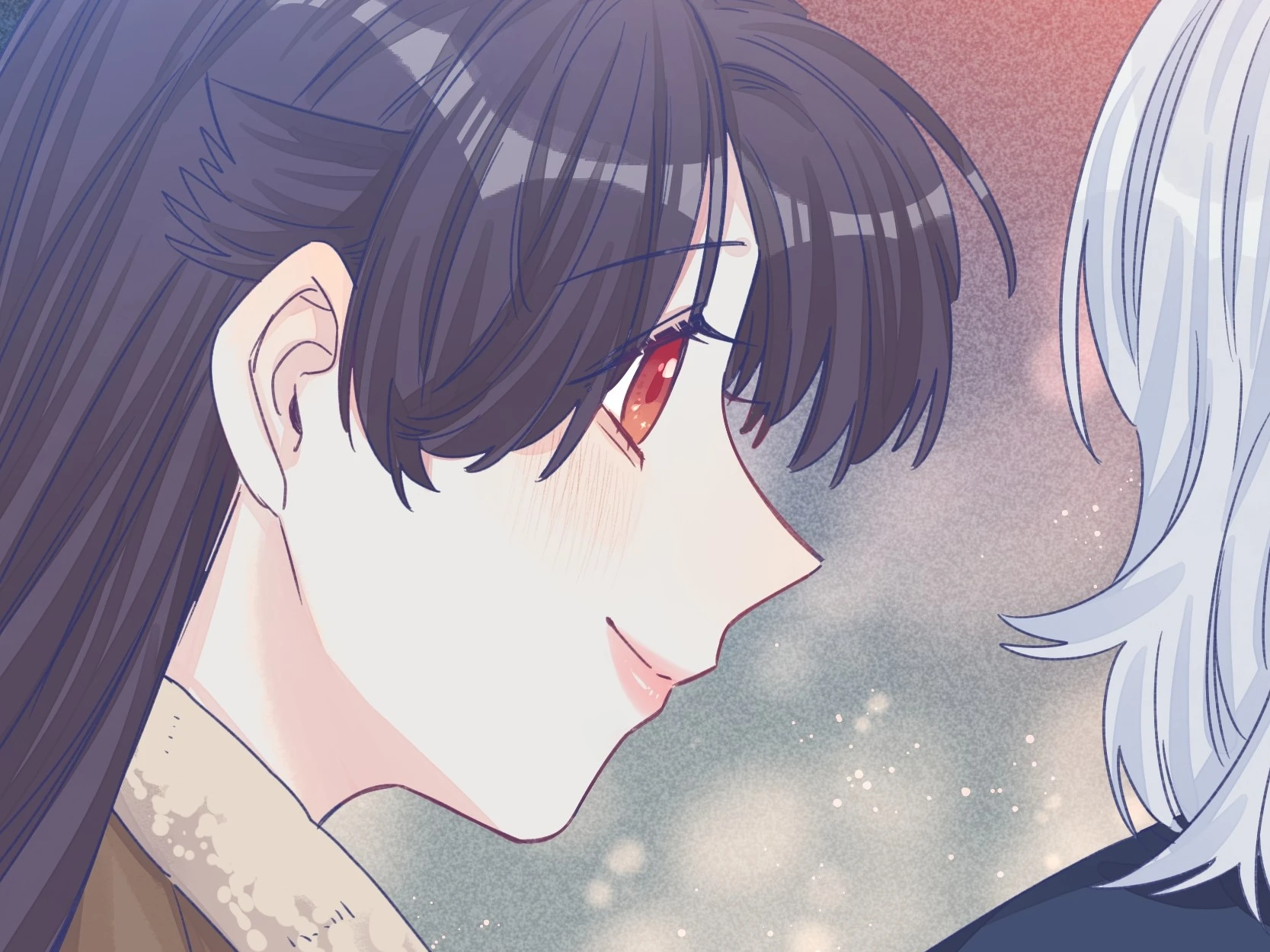 Straight Girl Trap, official art: Zhan Ying in profile, smiling at Zhou