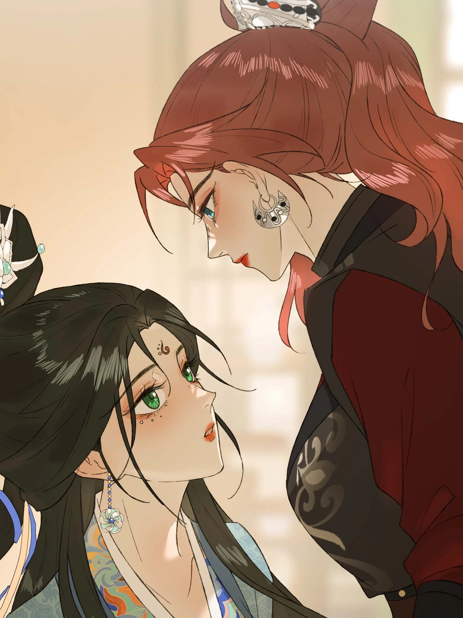 Mu Yunzhao leans down toward Shen Qingshuang, who looks up at her