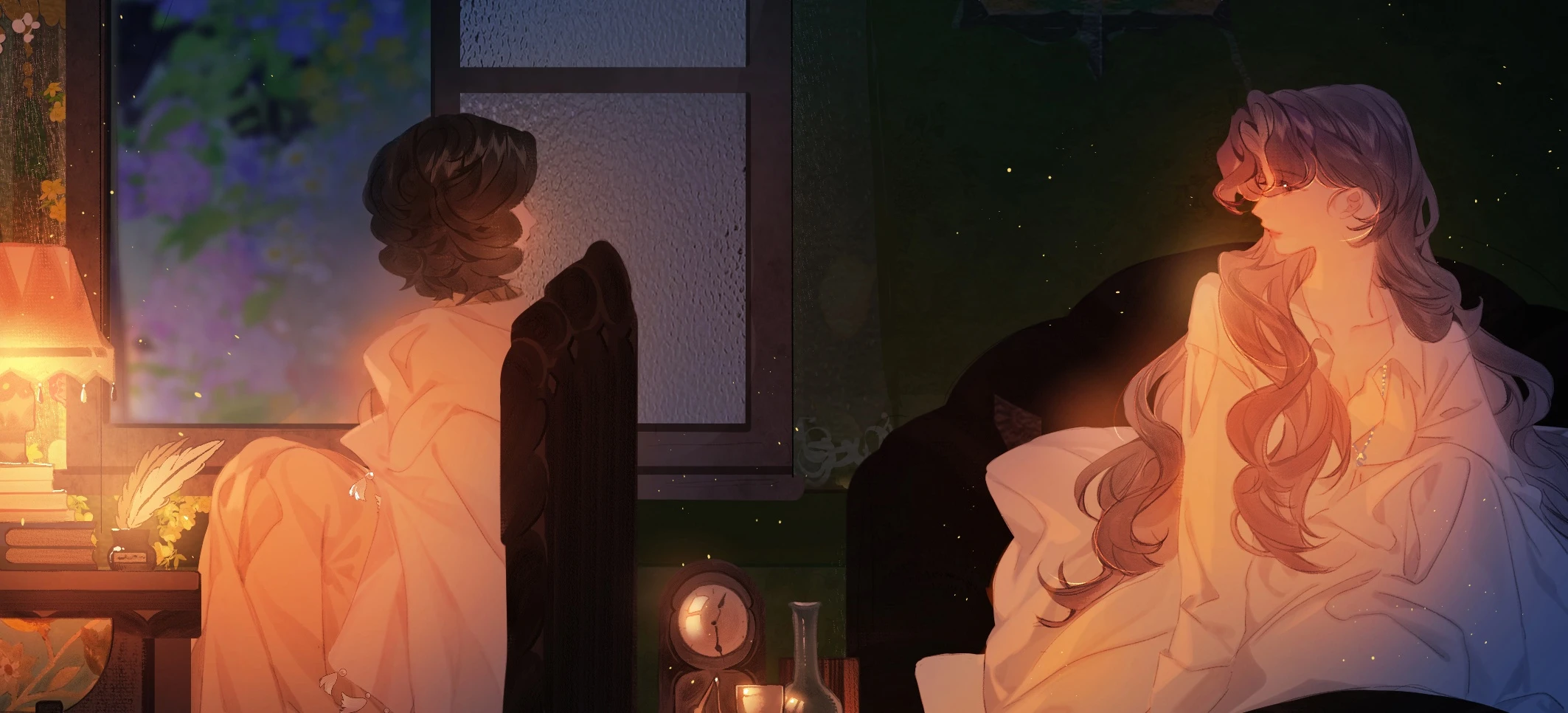 Clandestine Affair: two women talk by lamplight in a dark bedroom, flowers at the window