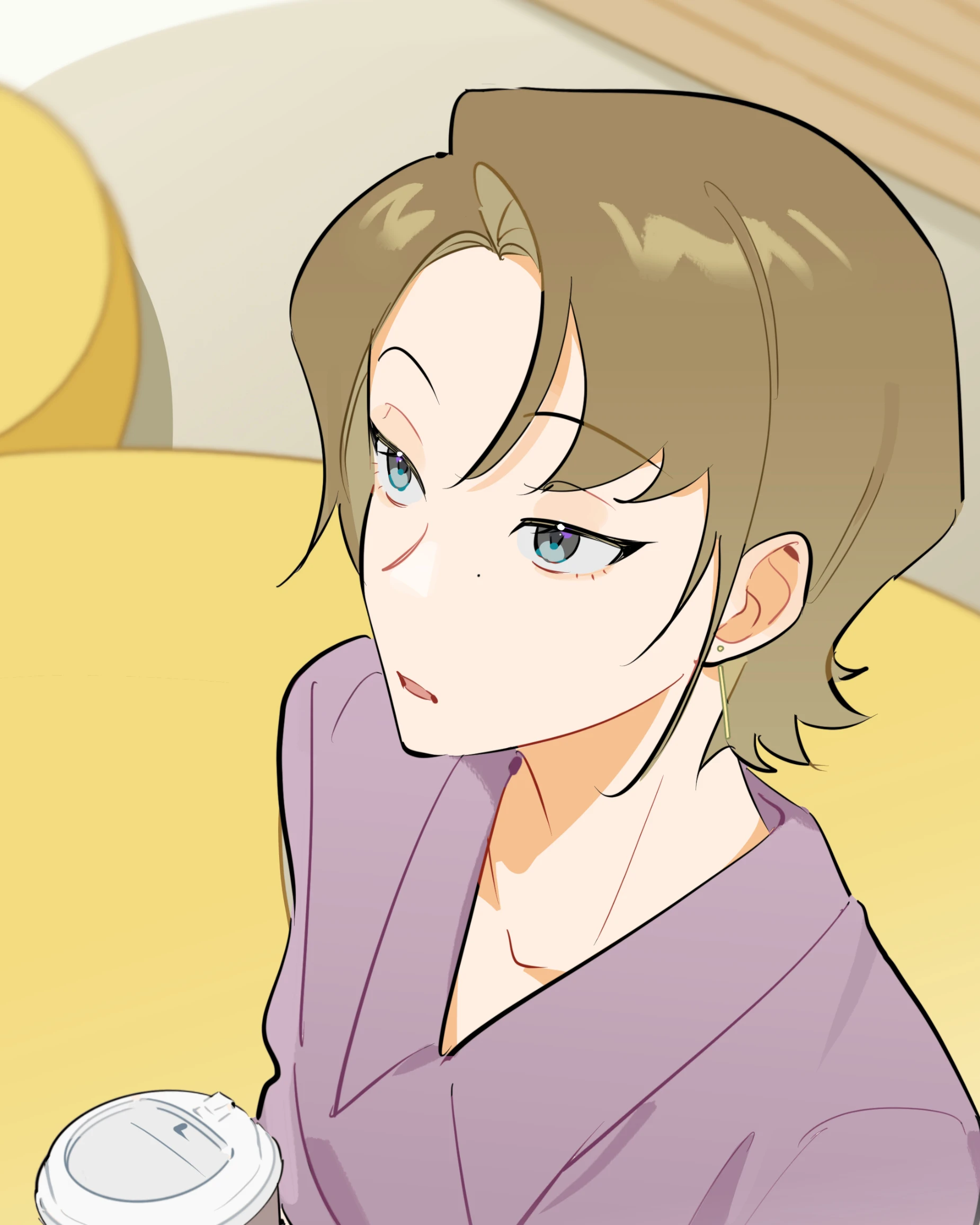 Submission Time! Yes or Yes?, Episode 1: Ren Qinghe on a yellow sofa with a cup of coffee, glancing up