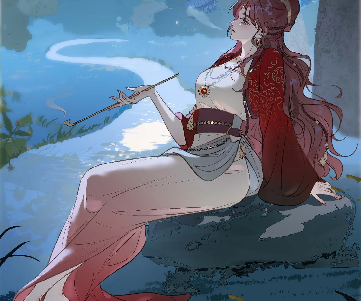 Mu Yunzhao in red, lounging by a moonlit lake with a long pipe