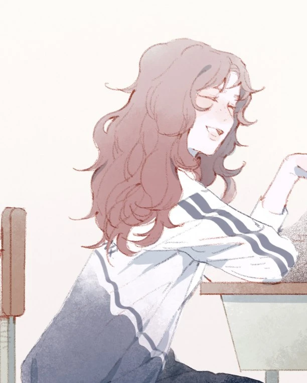 Tang Guan laughing at her school desk, Long as We Have Loved