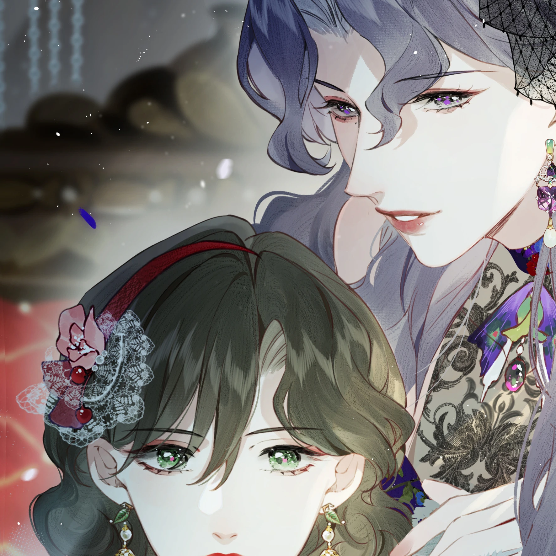 Clandestine Affair: a violet-haired woman in a veiled hat leans over a woman in a red qipao, Chapter 6