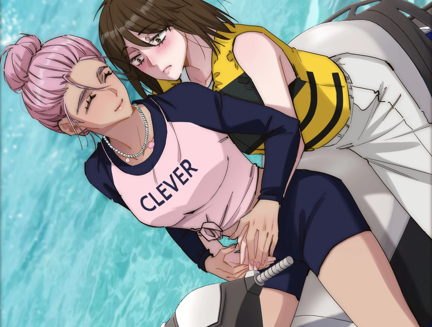 The narrator holds on to Ari from behind on a jet ski