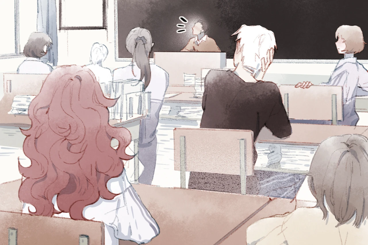 A classroom from the back row, Zhou Ruoheng and Tang Guan among the students