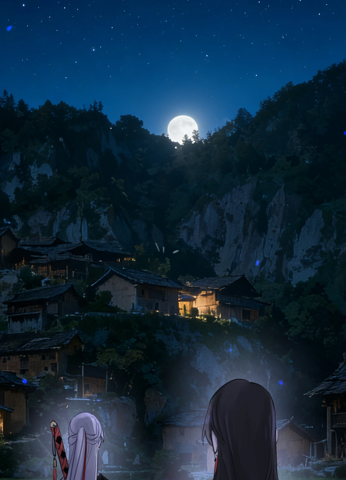 Ji Linxue and Lan Qinghe below a mountain village under a full moon