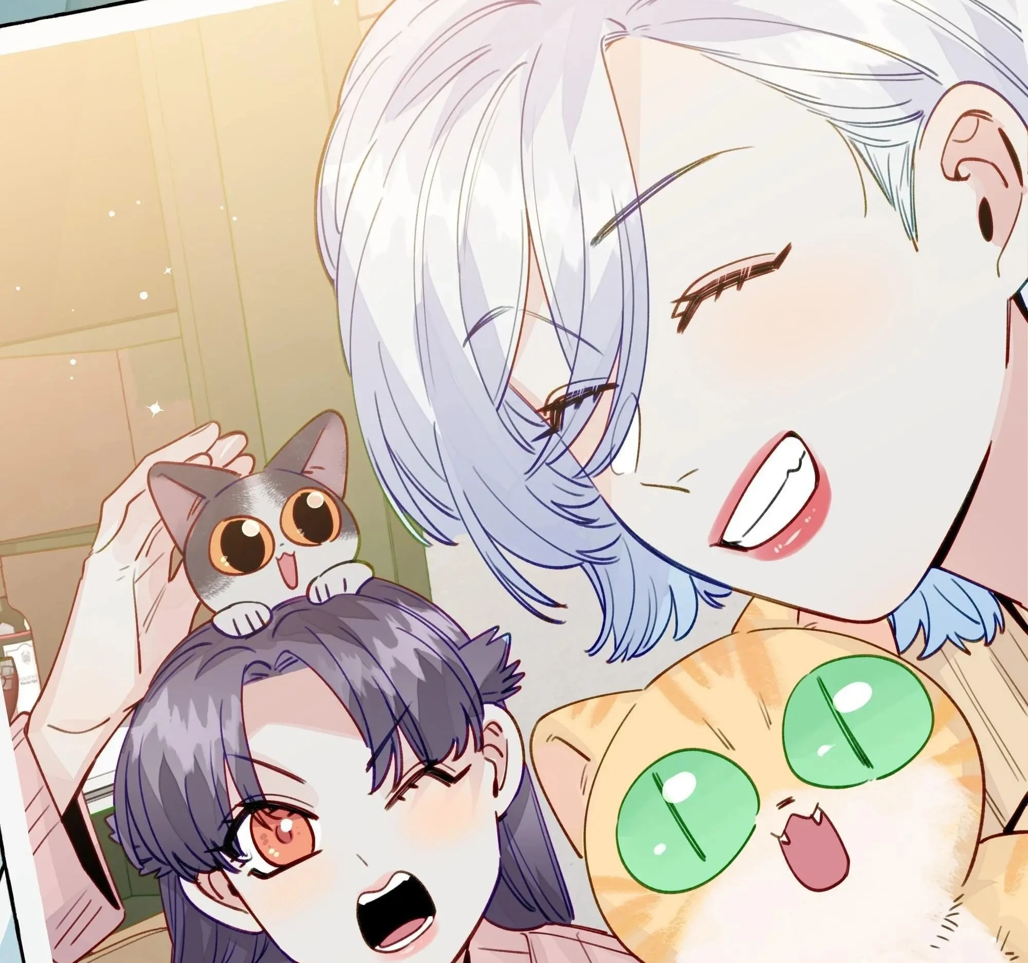 An adoption photo: the couple, their orange cat and the new kitten, Chapter 132 of Straight Girl Trap