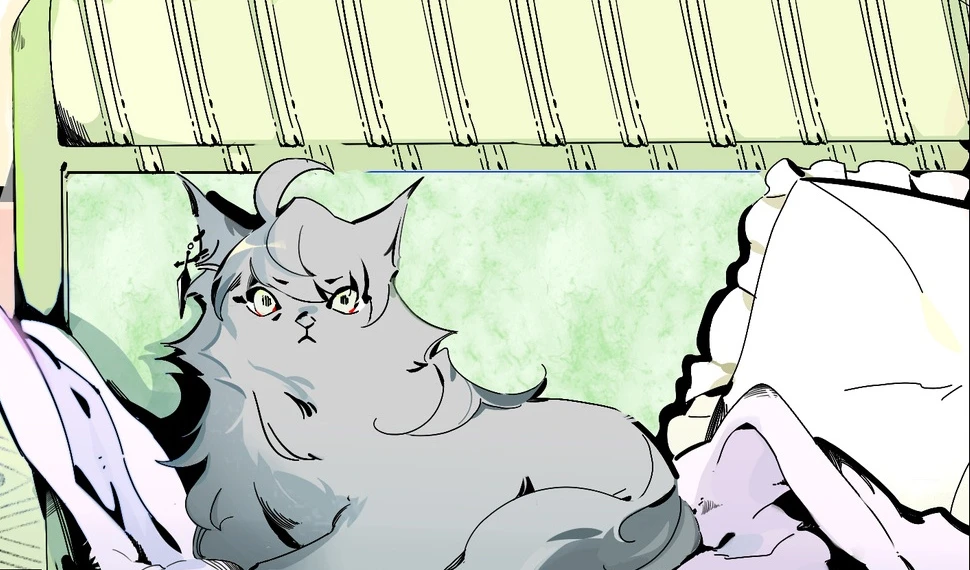 A-Wu as a grey cat, sprawled on the sofa