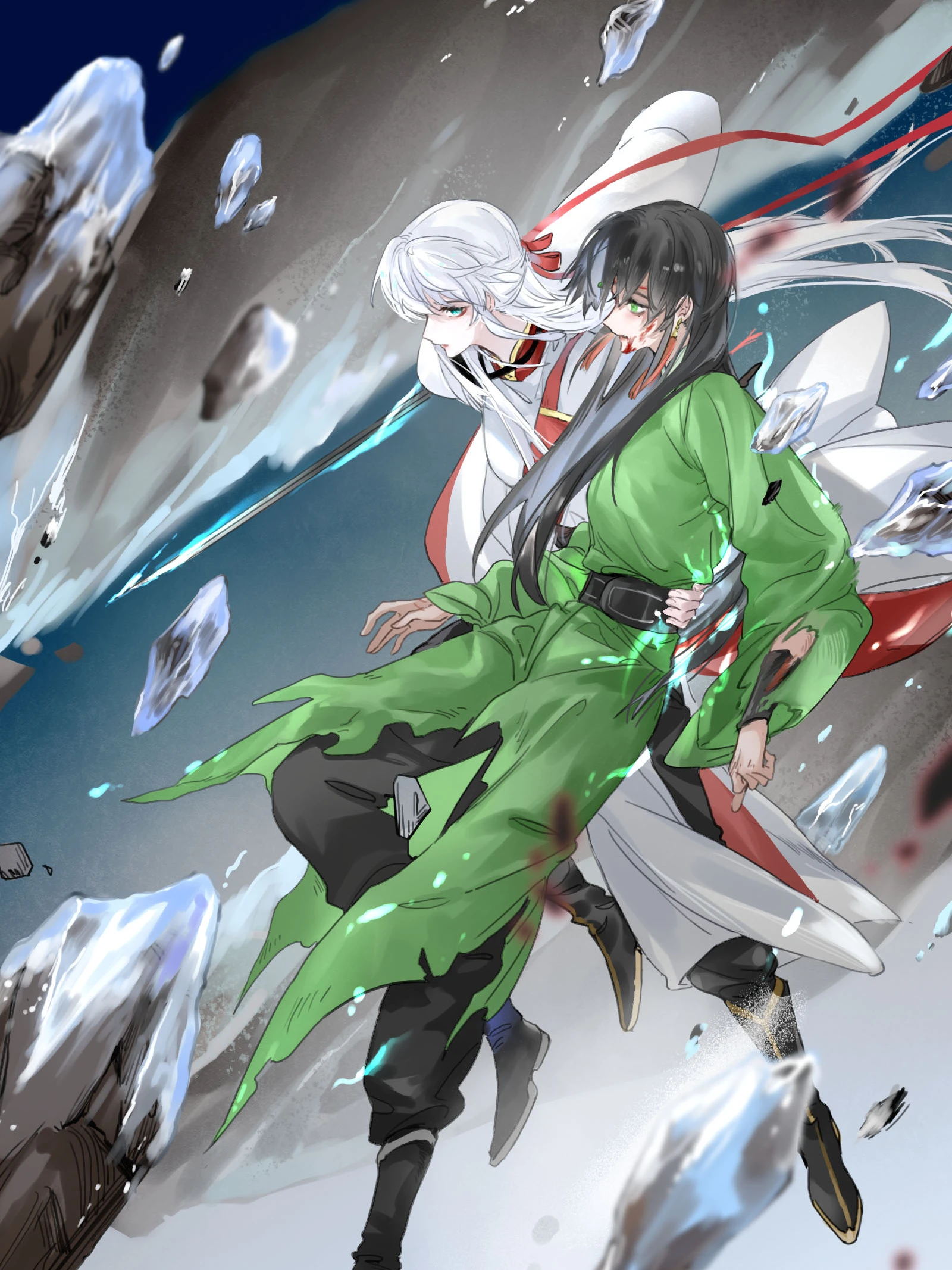 Ji Linxue carries a wounded Lan Qinghe through the air